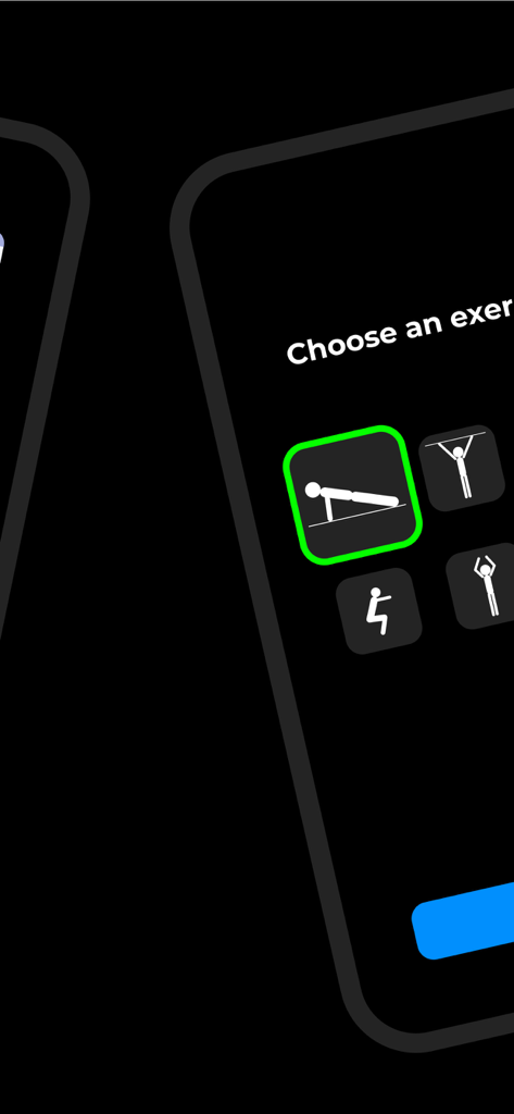 Rep counter, Jump counter - Tela de seleção de exercícios no aplicativo Contador de Repetições apresentando ícones para flexões, puxadas e agachamentos