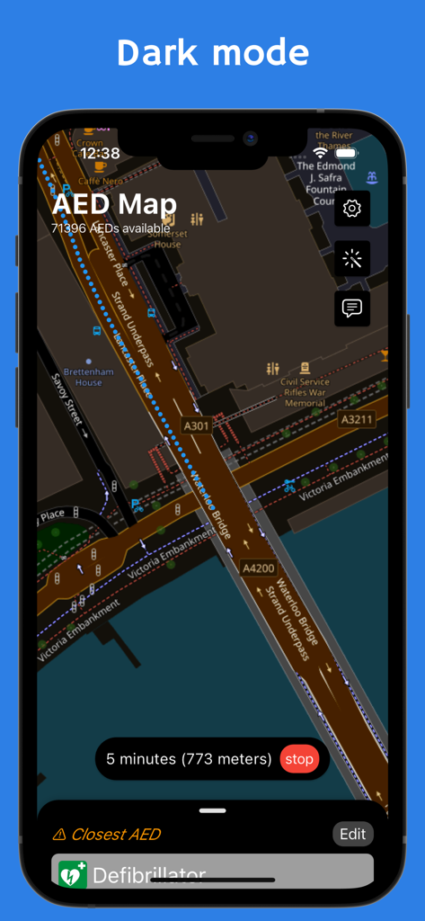 AED map app interface showing defibrillator locations in dark mode