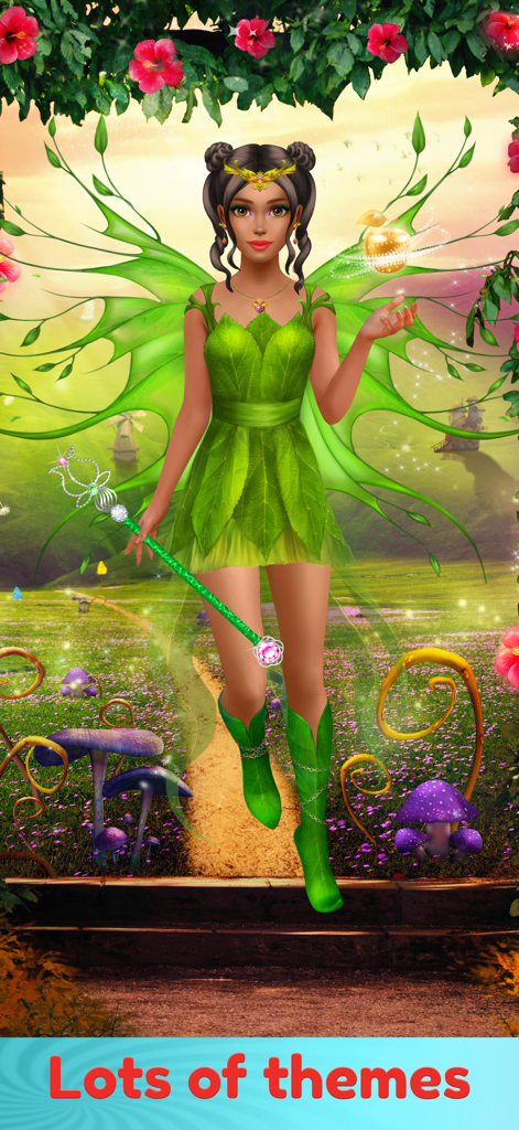 Dress Up & Makeup Girl Games - Un personaje de niña vestido como un hada mágica del bosque con un vestido de hojas verdes sosteniendo una varita mágica