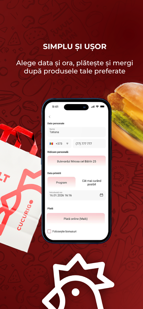 CUCURIGO - Checkout screen of the CUCURIGO app for scheduling a food pickup and online payment.