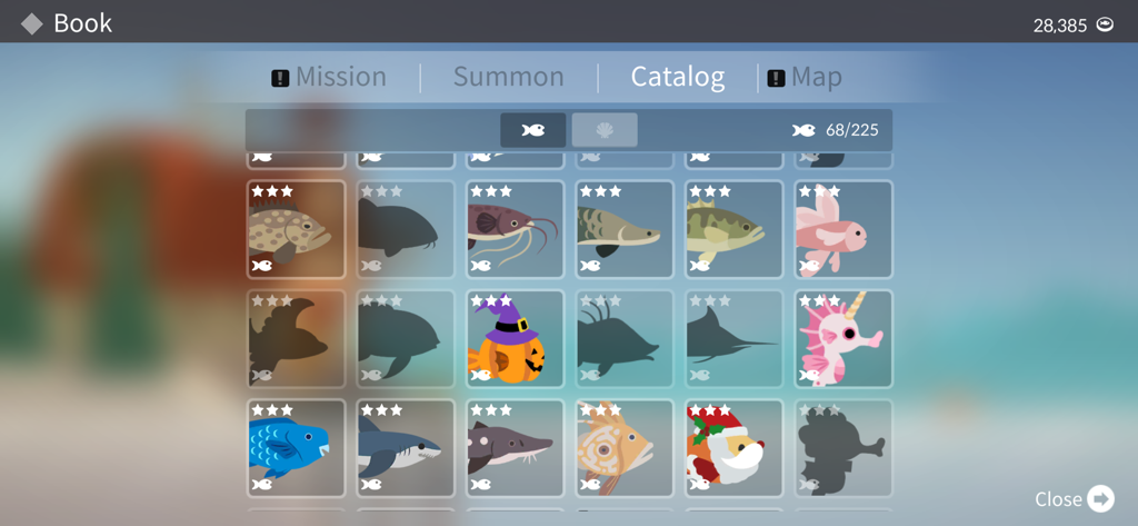 Sammlung von Fisch-Symbolen im Katalog der App Fishing and Life.