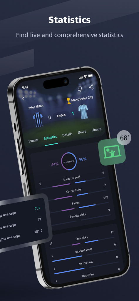 Yalla Shoot - Live Scores - Yalla Shoot app showing live football match statistics including possession and shots on goal for a match between Inter Milan and Manchester City.