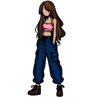 girl in baggy pants crop top and long hair