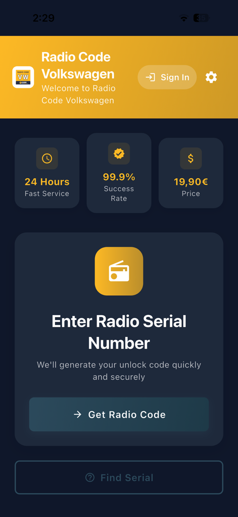 Auto Radio Code Generator - VW - Home screen of the Auto Radio Code Generator app for Volkswagen showing the serial number entry interface