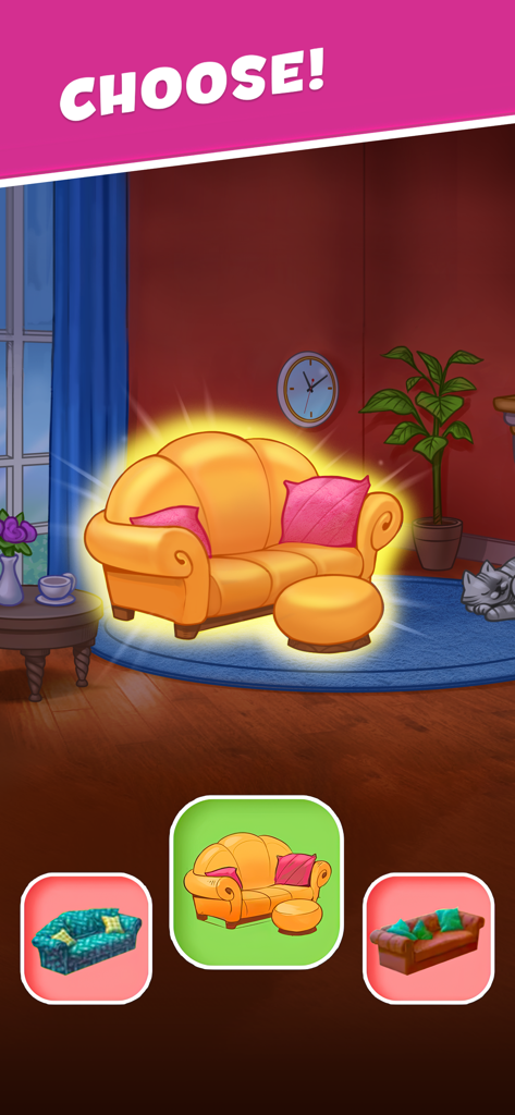 Alice's Hotel - Match Story - Choosing a yellow sofa from three furniture options in the Alice's Hotel interior design game.