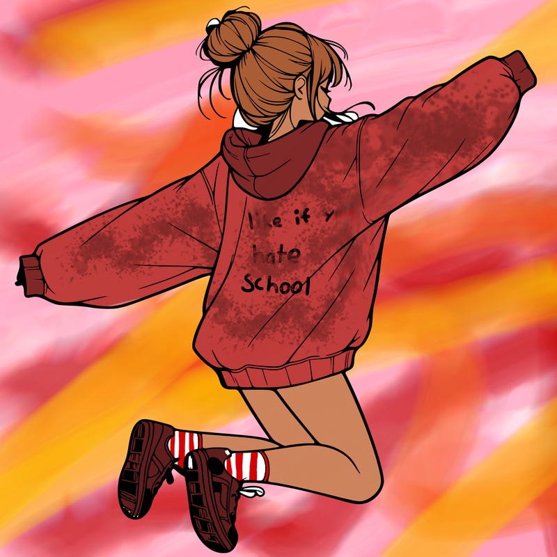 realistic girl jumping with a bun and oversized sweatshirt