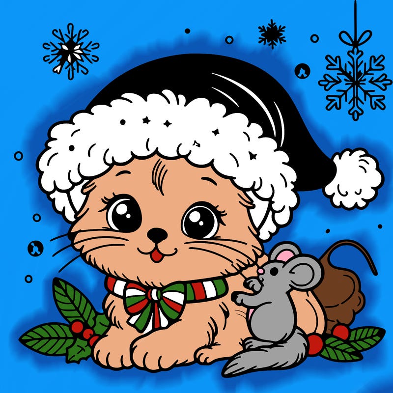 christmas kitten with santa hat and mouse