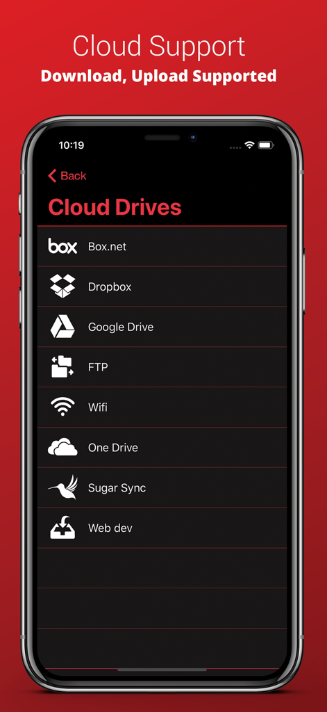 Voice Recorder Plus Pro app screen showing integrated cloud storage options like Dropbox, Google Drive, and OneDrive
