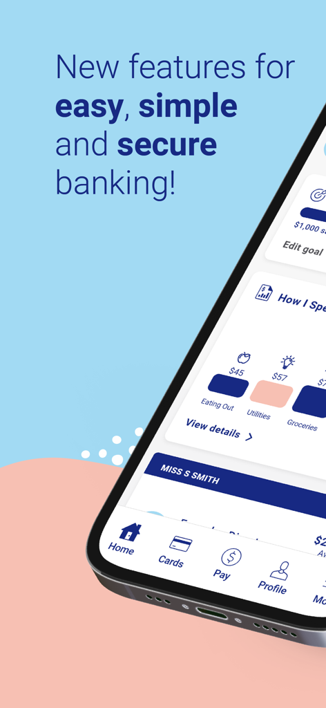Health Professionals Bank app screen showing spending categories and budgeting tools