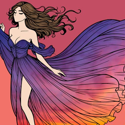 realistic woman in dress flowing the the wind