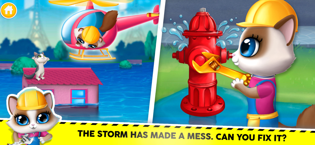 Kitty Meow Meow City Heroes - A kitty dressed as an engineer fixing a fire hydrant and flying a rescue helicopter