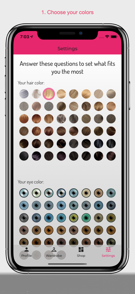 Un écran mobile de l'application Your Stylist montrant des grilles de sélection pour les couleurs de cheveux et d'yeux afin de déterminer l'analyse des couleurs personnelles