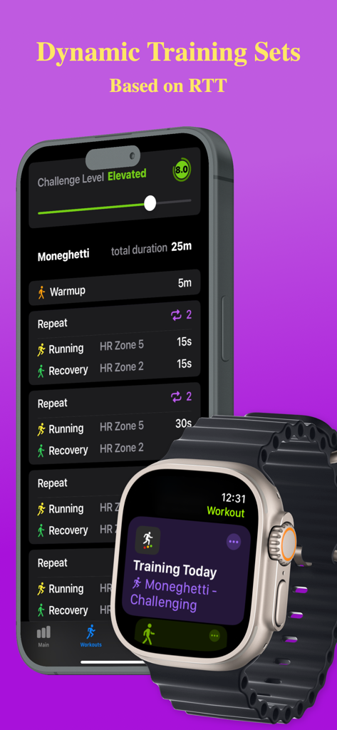 Training Today - Aplicación Training Today en iPhone y Apple Watch mostrando series de entrenamiento dinámicas basadas en la puntuación RTT