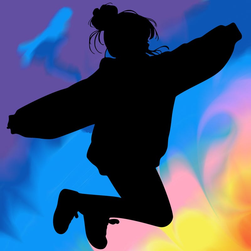 realistic girl jumping with a bun and oversized sweatshirt