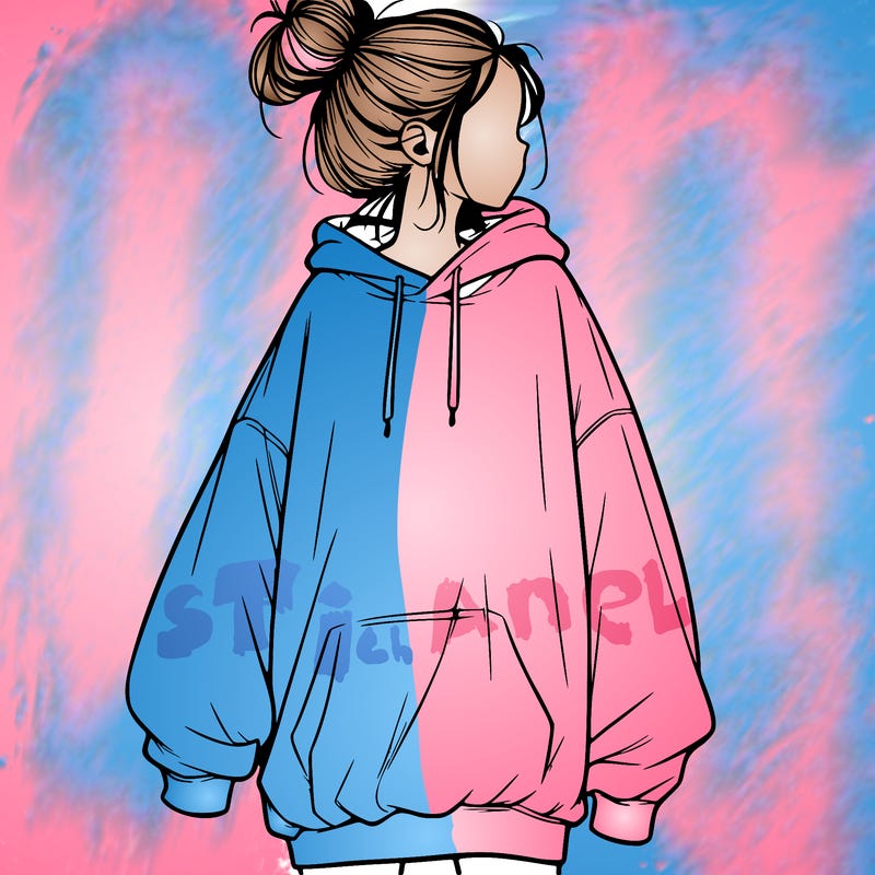 realistic girl with a oversized sweatshirt on and a bun