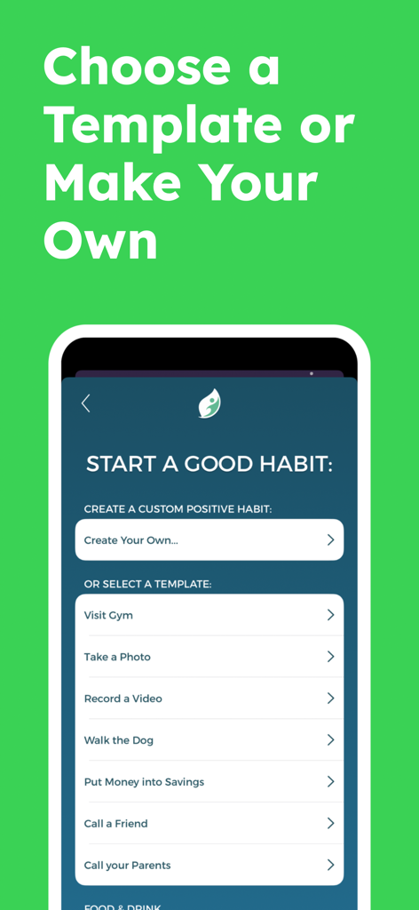SEEDS - Habit Tracker - SEEDS habit tracker interface showing a list of habit templates like gym and savings