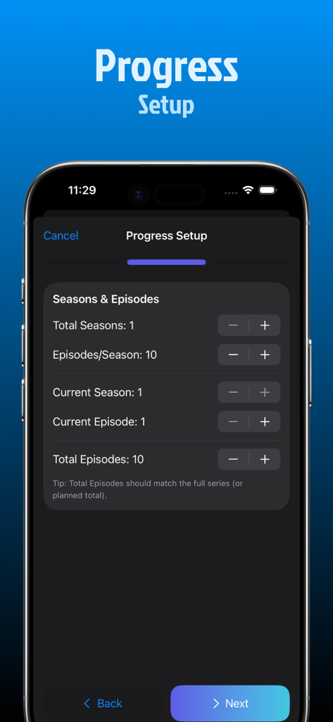 Interface for setting up TV show progress in the StarTV app including season and episode counters.