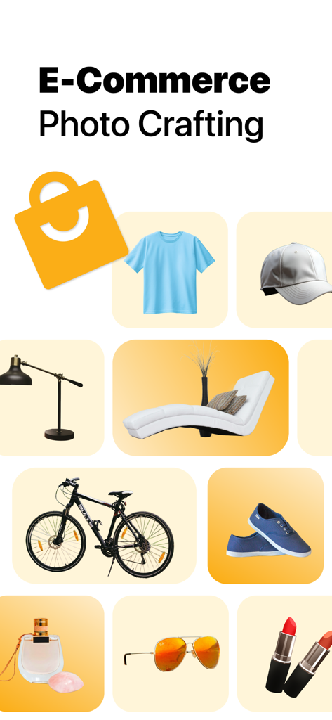 Background Remover: BG Eraser - E-commerce product photo crafting display featuring shoes, clothes, and accessories with clean backgrounds