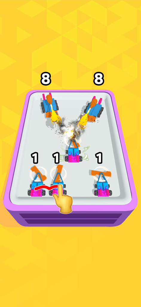 Robot Merge and Fight Master - Gameplay of Robot Merge and Fight Master showing a hand merging level 1 robots to prepare for a battle against level 8 enemy bots.