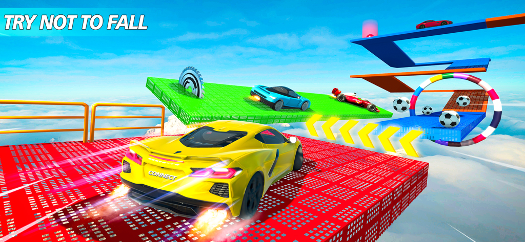 Crime City - Car Driving Games - Yellow sports car driving on colorful sky high mega ramp tracks