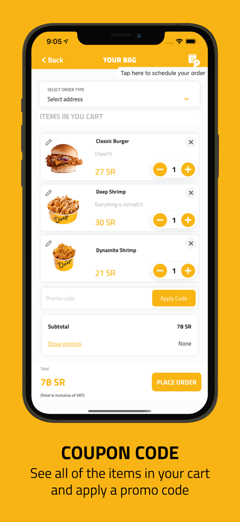 DEEP FRIES | ديب فرايز - Checkout screen of the Deep Fries app showing food items in the cart with a promo code input and total price