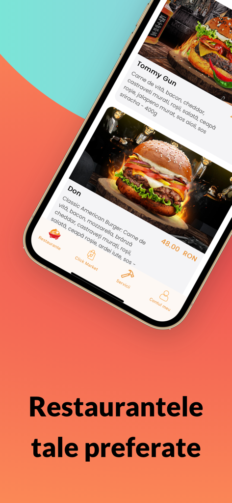 Iasi Delivery - Smartphone screen displaying gourmet burger options from favorite restaurants on the Iasi Delivery mobile app