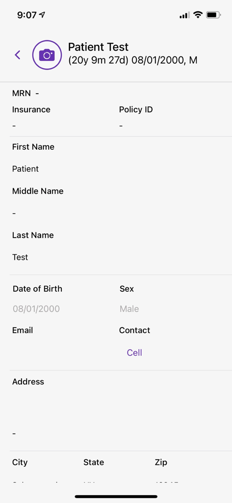 A patient profile screen in the Althea Health app showing personal details like name date of birth and medical record information