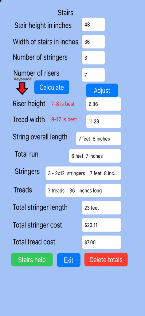 Tela de medição de escadas e estimativa de custos no aplicativo Estimador de Construção