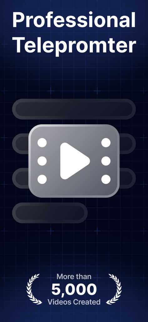 Teleprompter Video Scripts App - Pantalla introductoria para una aplicación profesional de teleprompter que destaca más de cinco mil vídeos creados