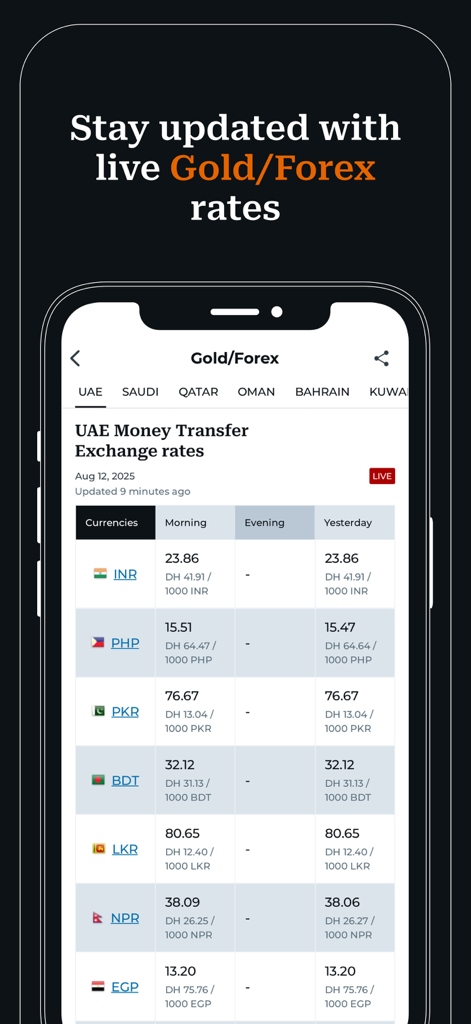 Gulf News - Latest UAE News - Écran de smartphone affichant en temps réel les taux de change de l'or et des devises des Émirats arabes unis.