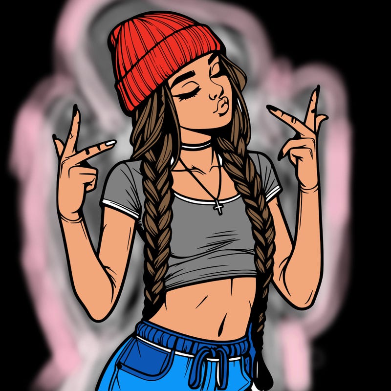 realistic teenage girl with braids and a beanie and crop top doing 🫶🏼