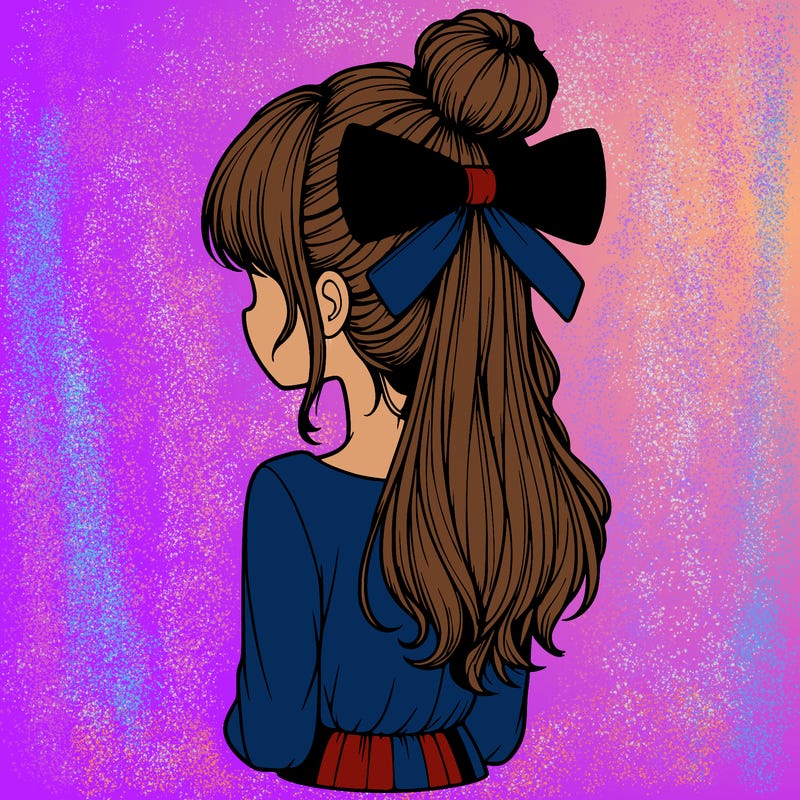 realistic girl  with hip length hair a bun and a big bow on the back of head