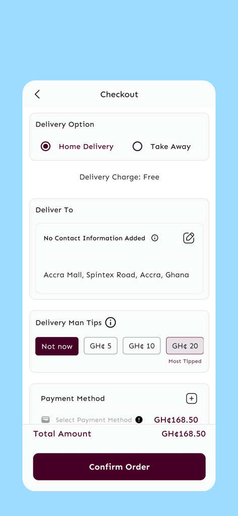 +233 Eats - Pantalla de pago de la aplicación de entrega de comida +233 Eats que muestra opciones de entrega, selección de propina y el monto total en Cedi Ghanés.