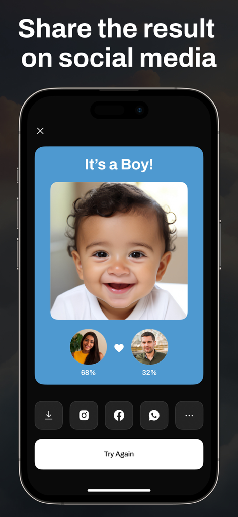 A screenshot of the AI Baby Generator app showing a predicted baby boy face and social media sharing icons.
