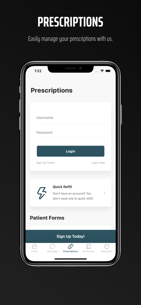 Interface de login do aplicativo Sav-Mor Drugs com opções para gerenciar prescrições e recargas rápidas