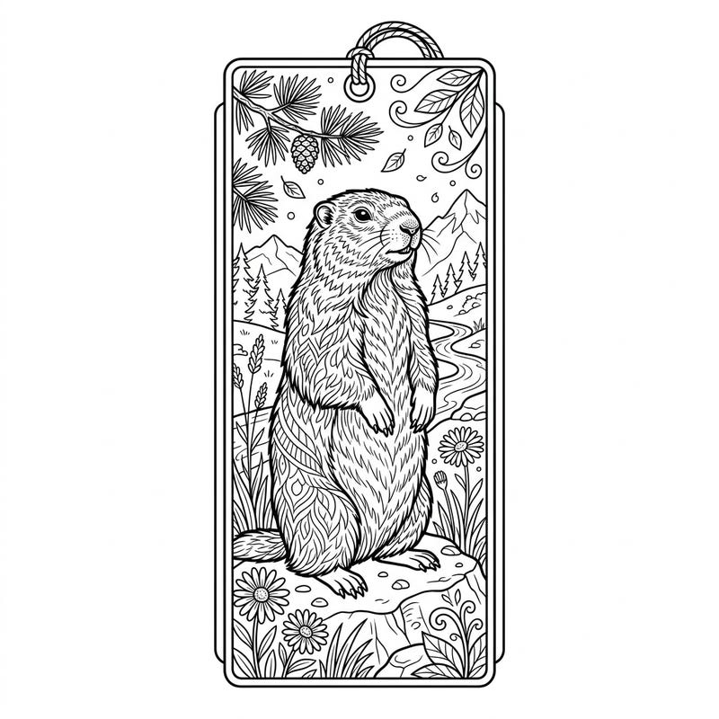 Bring a majestic marmot to life with your favorite colors on this unique bookmark template designed for teens. This intricate design features a standing marmot in a detailed mountain landscape, perfect for personalizing your reading adventures.
