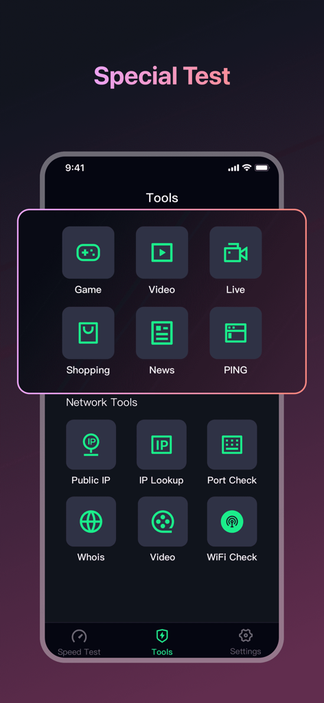 Speed Test - WiFi Analyzer + - Interface de l'application Speed Test montrant des outils de diagnostic réseau spécialisés pour les jeux, la vidéo et le streaming en direct