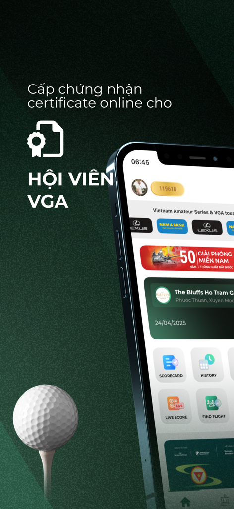 vHandicap Golf app interface displaying VGA member certification and main menu features