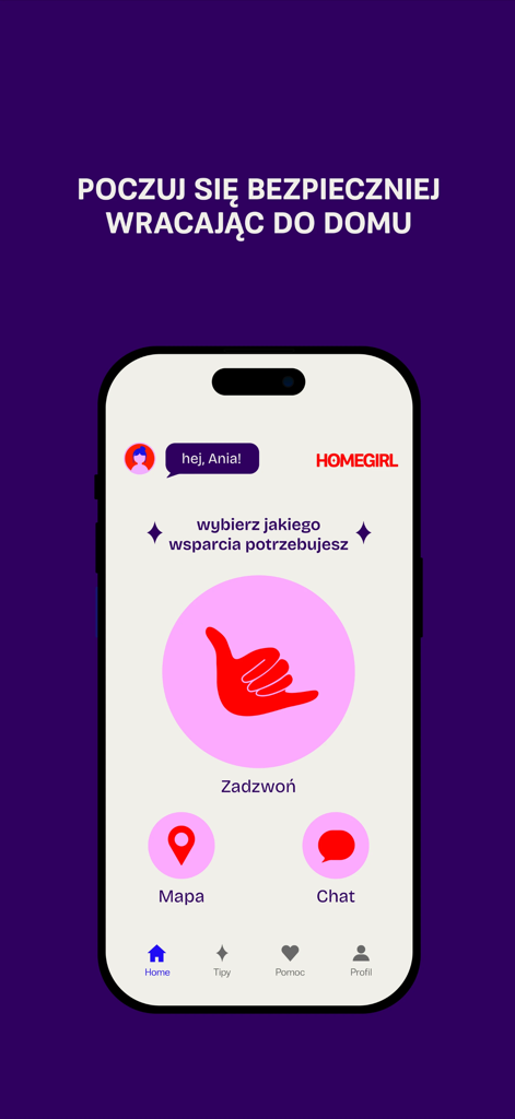 Smartphone screen showing the HomeGirl safety app interface with buttons for call, map, and chat features