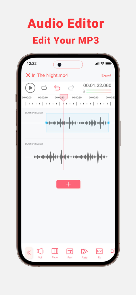 Mobile Audio-Editor-Oberfläche, die doppelte Wellenformen mit Bearbeitungswerkzeugen für Lautstärkefade und Panning anzeigt