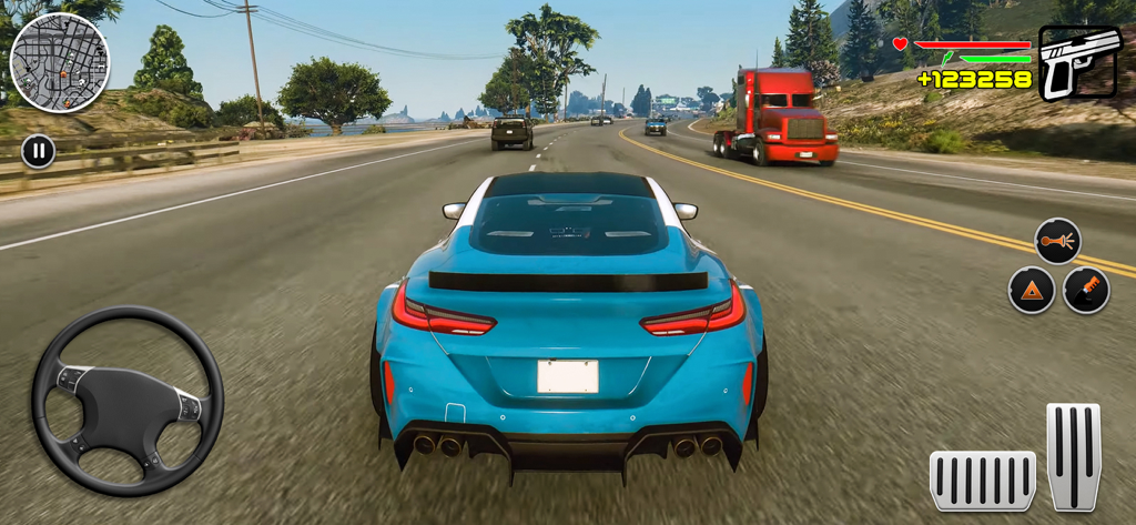 Car Driving Car Simulator Game - Third-person view of a blue luxury sports car driving on a highway with a red truck and mini-map interface in a mobile car simulator game.