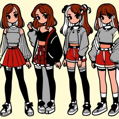 one girl with crop-top shirt and a jacket with a skirt, long socks and another girl with a shirt and pants with a jacket