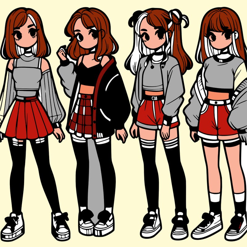 one girl with crop-top shirt and a jacket with a skirt, long socks and another girl with a shirt and pants with a jacket