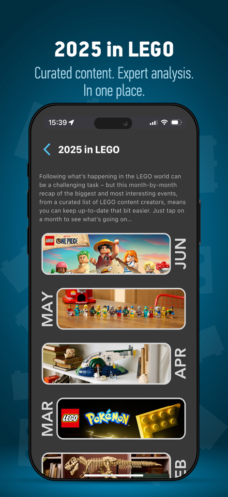 Brick Search: The LEGO set app - Brick Search mobile app screen showing a month by month timeline of LEGO events and releases for 2025