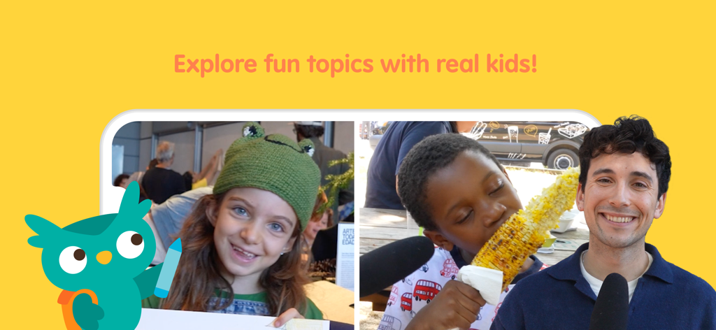 Julian Shapiro-Barnum do Recess Therapy e crianças reais apresentados no aplicativo Sago Mini School