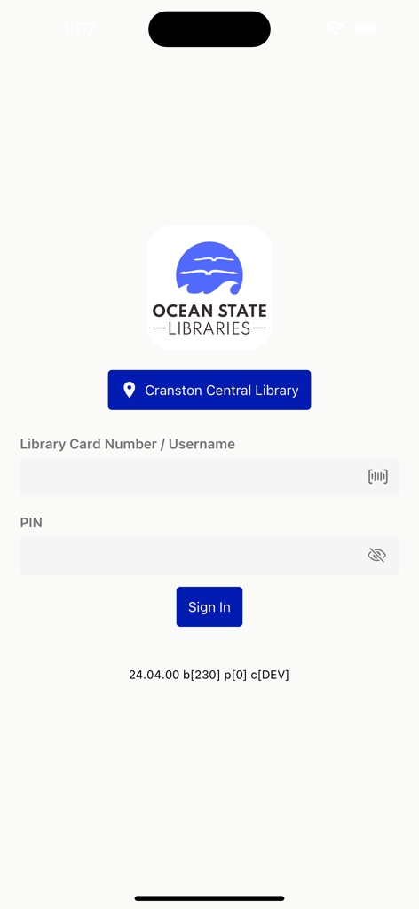 Sign in screen for the Ocean State Libraries Mobile app showing login fields and library selection