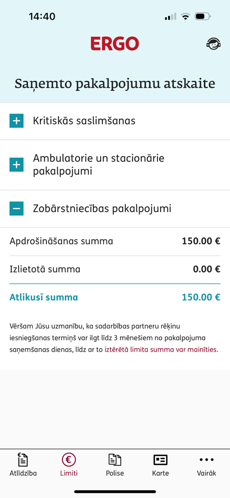 ERGO Latvija - Interface of the ERGO Latvija app displaying health insurance limits and dental coverage balance