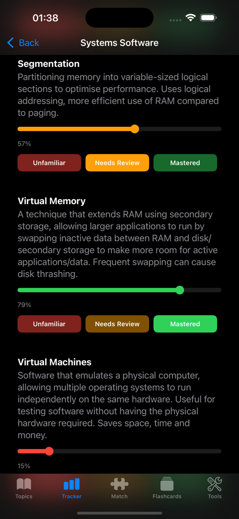 CS Master - Progress tracker in CS Master app showing mastery levels for systems software topics