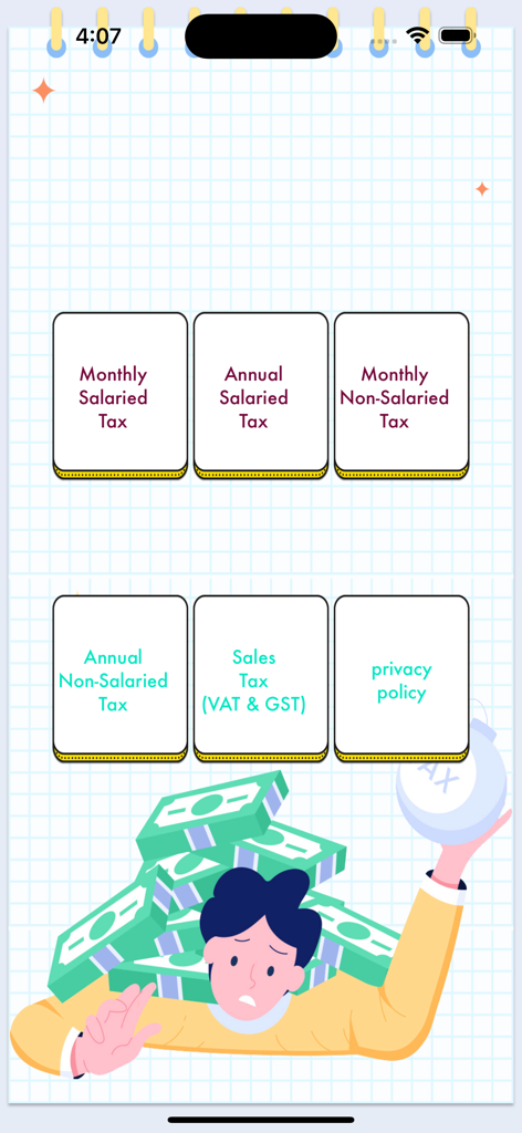 Main menu of the Explosive Pressure Income Tax app showing salaried and non-salaried tax calculation options.