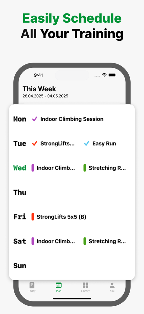 Gym Workout Planner: CrossOver - Weekly workout planner interface of the CrossOver app for hybrid athletes
